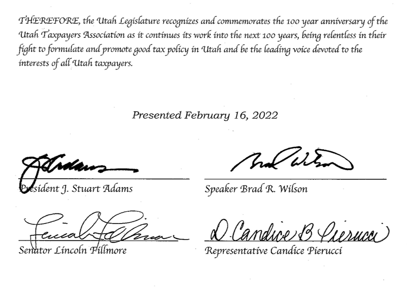 Utah Taxpayers Association 100 Year Anniversary Honored By Utah Legislature Utah Taxpayers